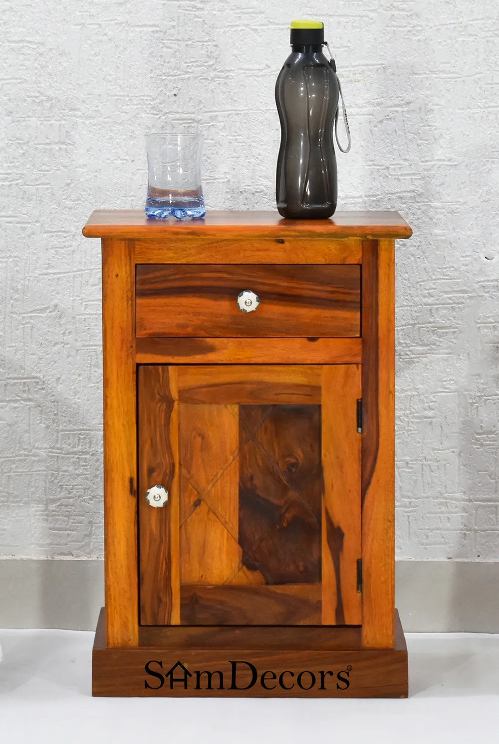 Sheesham Wood Single Drawer Yellow Brown Bedside Table Single Piece