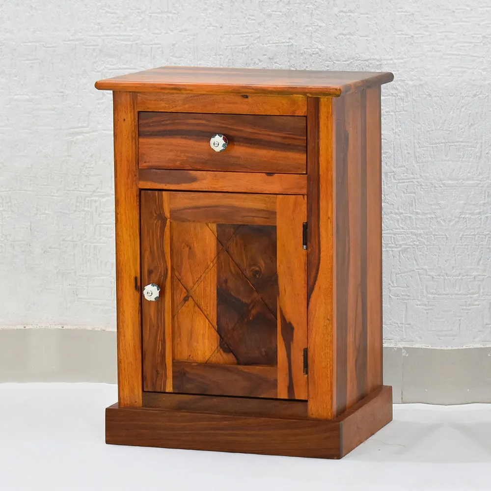 Sheesham Wood Single Drawer Yellow Brown Bedside Table Single Piece