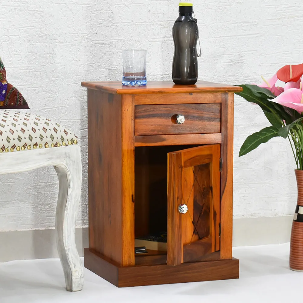 Sheesham Wood Single Drawer Yellow Brown Bedside Table Single Piece