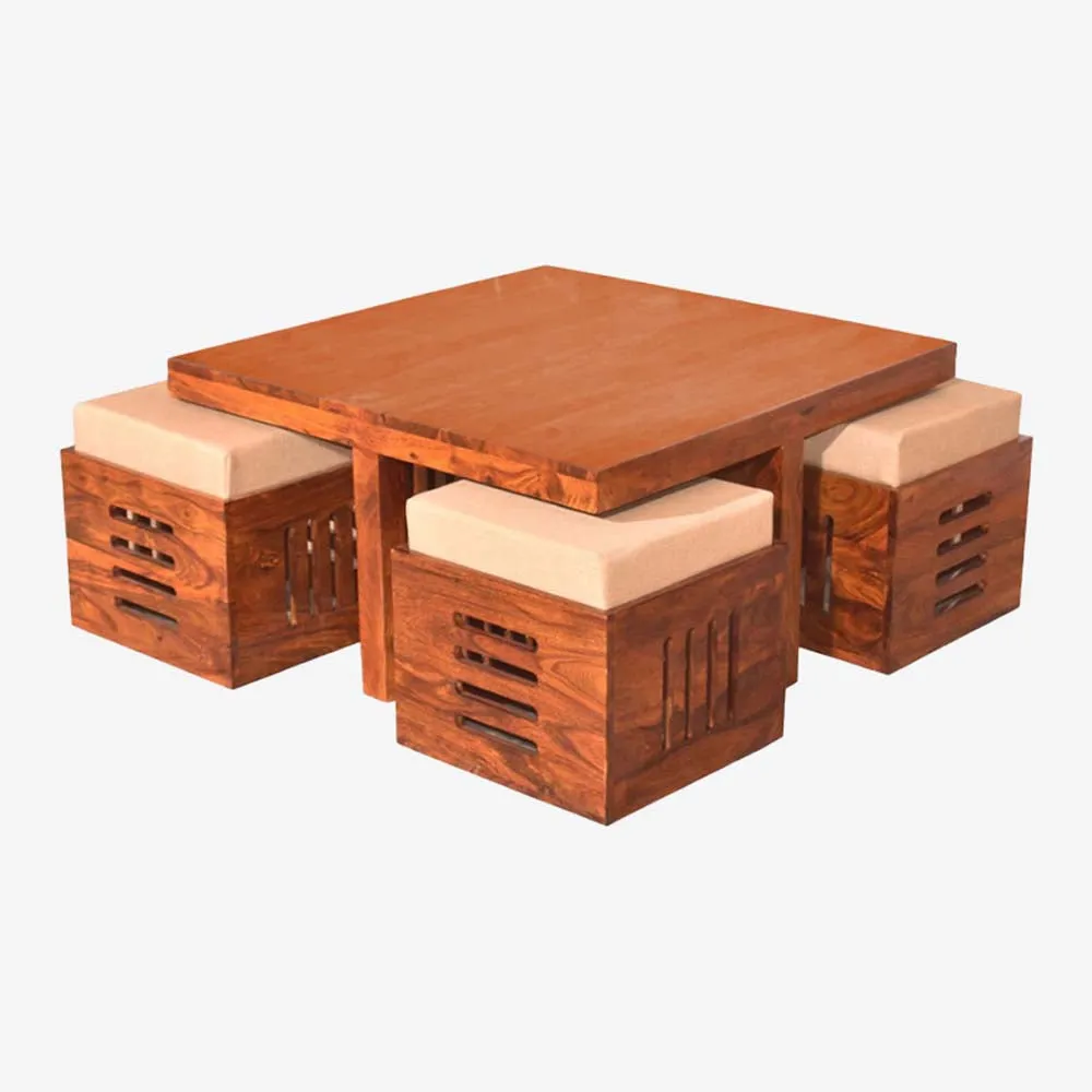 Sheesham Wooden Coffee Table With Stools Set Of 5