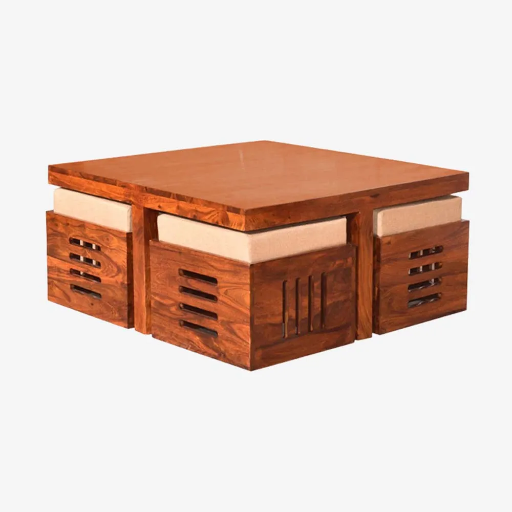 Sheesham Wooden Coffee Table With Stools Set Of 5