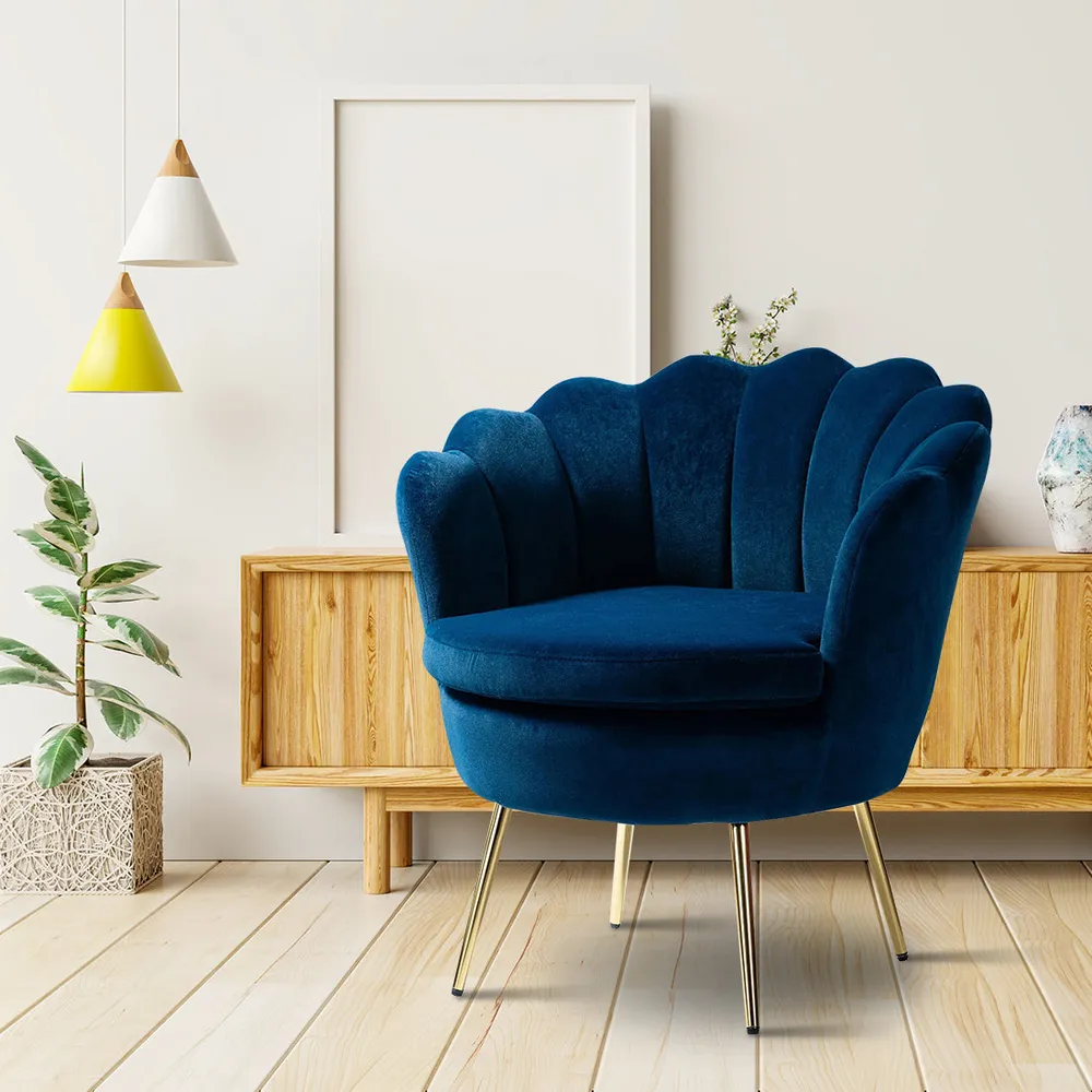 Shell Motif Luxury Blue Velvet Lounge Chair Single Chair