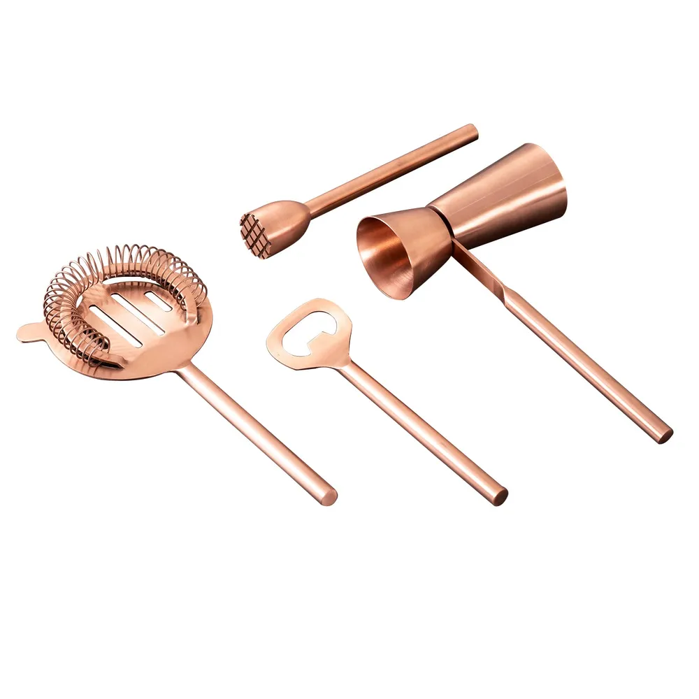 Shiny Copper Finish Stainless Steel Bar Tool Set Of 4