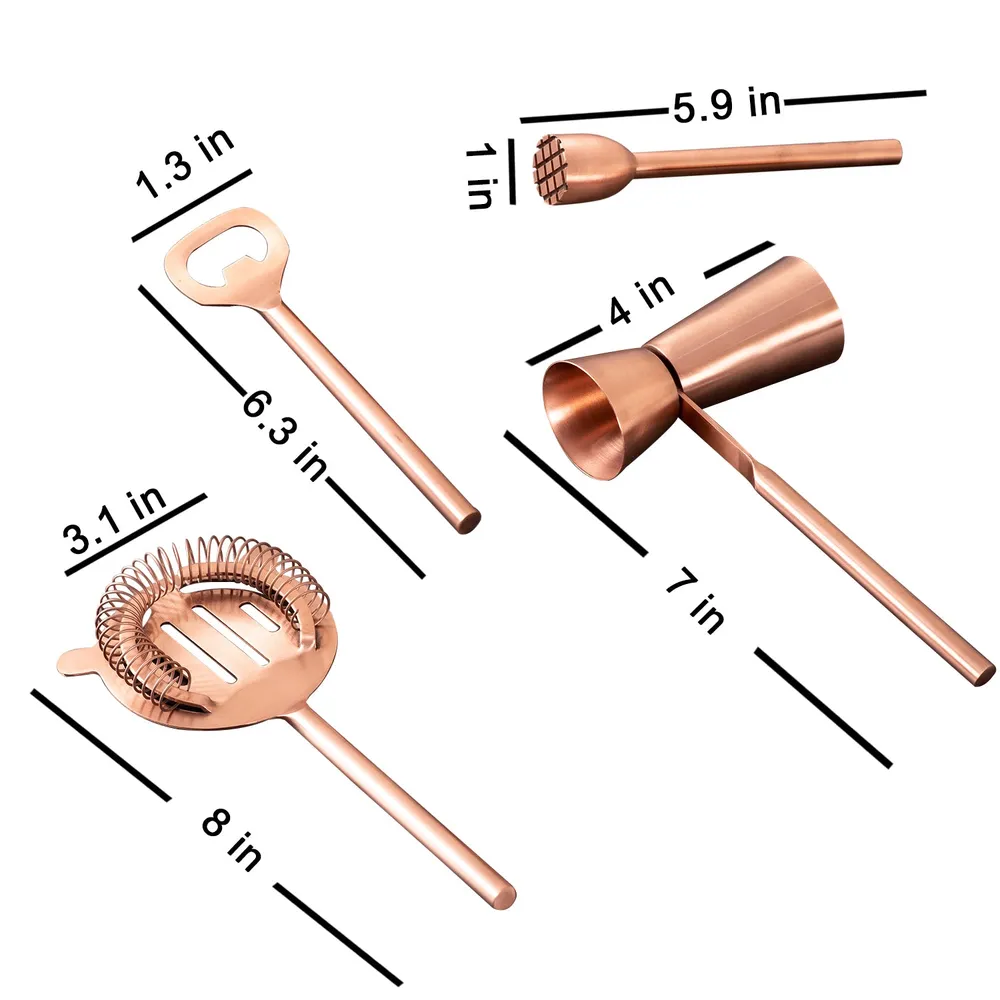 Shiny Copper Finish Stainless Steel Bar Tool Set Of 4