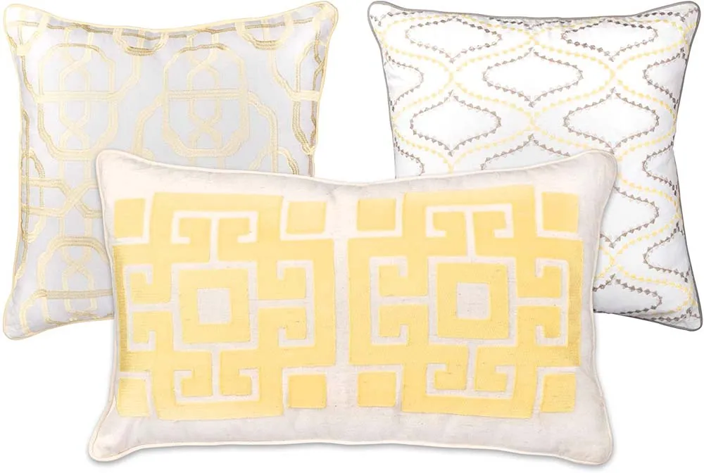 Shiny Embroided Yellow & Grey Cushion Cover Set Of 3