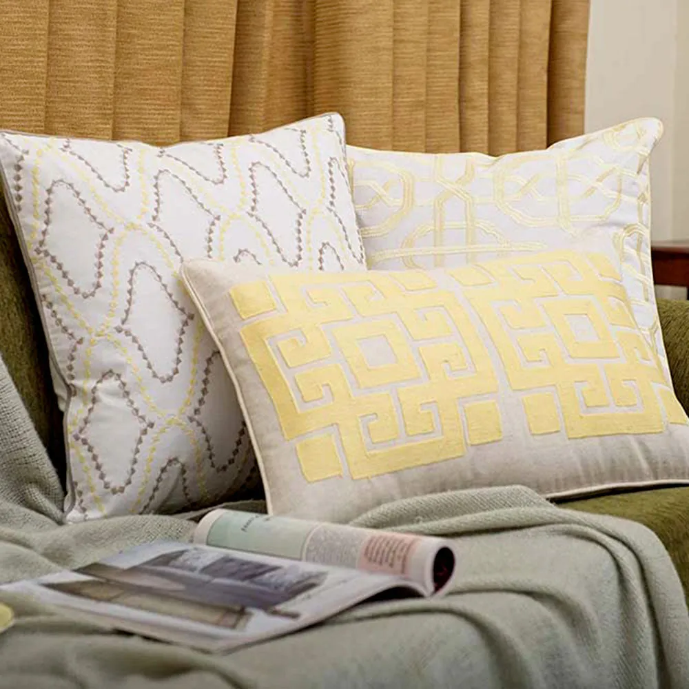 Shiny Embroided Yellow & Grey Cushion Cover Set Of 3