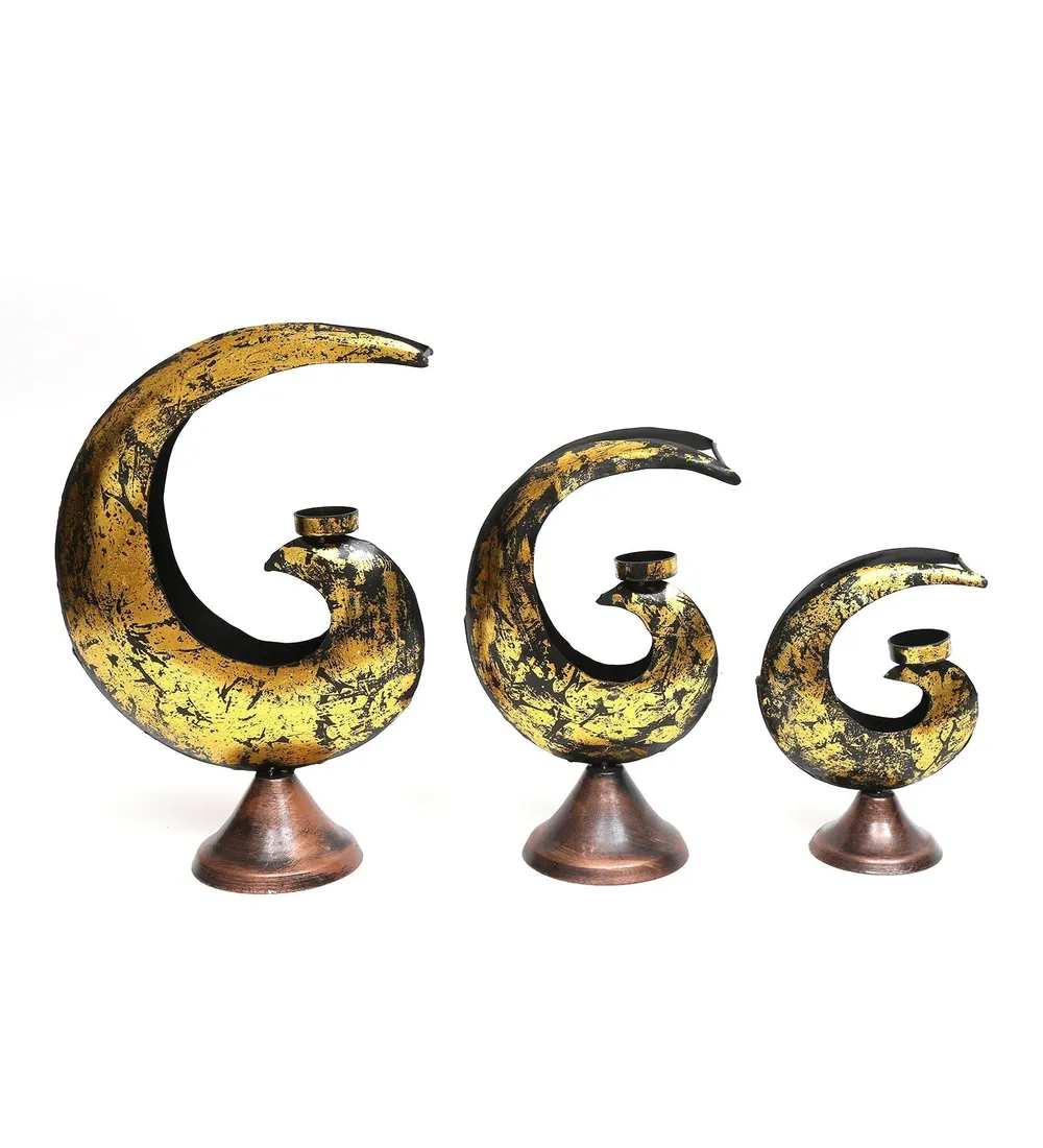 Shiny Gold Tea Light Holder Table Accent Set Of 3 / Showpiece