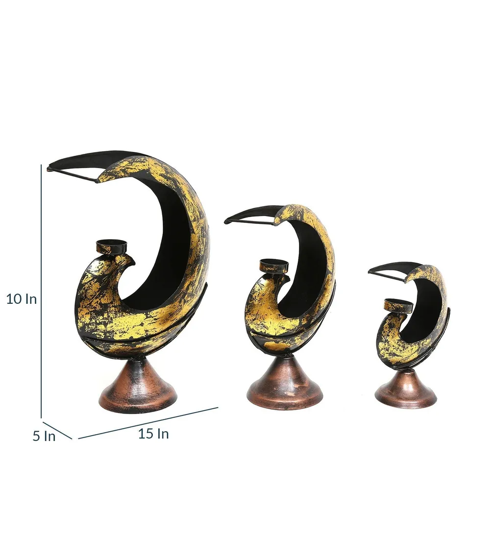 Shiny Gold Tea Light Holder Table Accent Set Of 3 / Showpiece