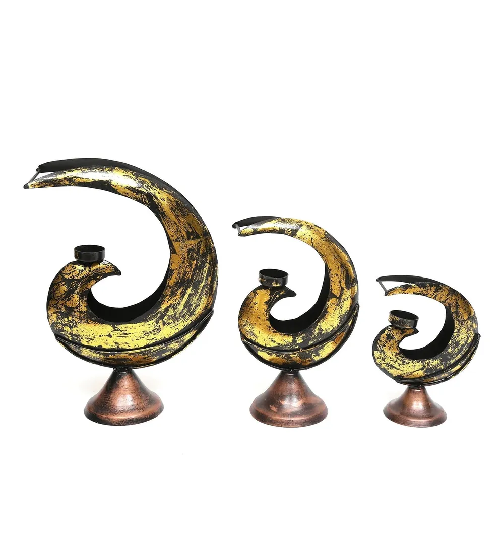 Shiny Gold Tea Light Holder Table Accent Set Of 3 / Showpiece