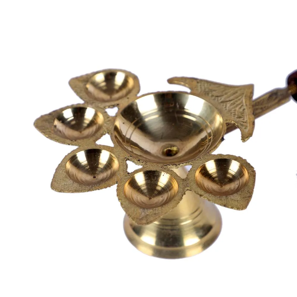 Shiny Golden Brass Panch Aarti Diya with Wooden Handle