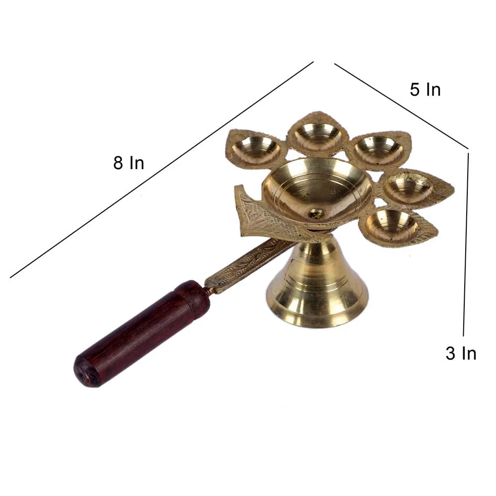 Shiny Golden Brass Panch Aarti Diya with Wooden Handle