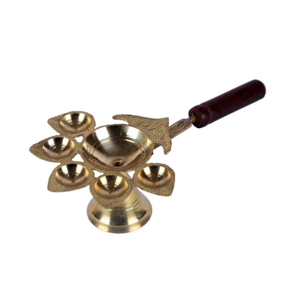 Shiny Golden Brass Panch Aarti Diya with Wooden Handle