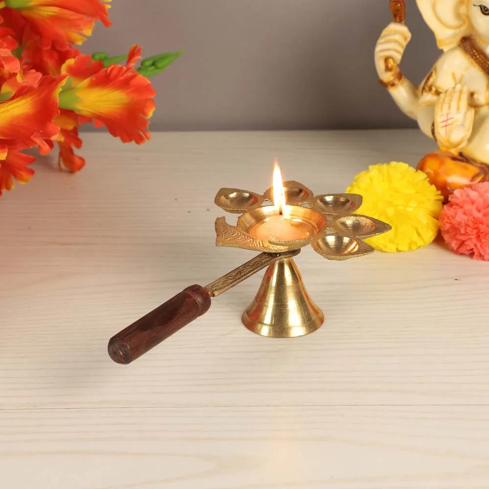 Shiny Golden Brass Panch Aarti Diya with Wooden Handle