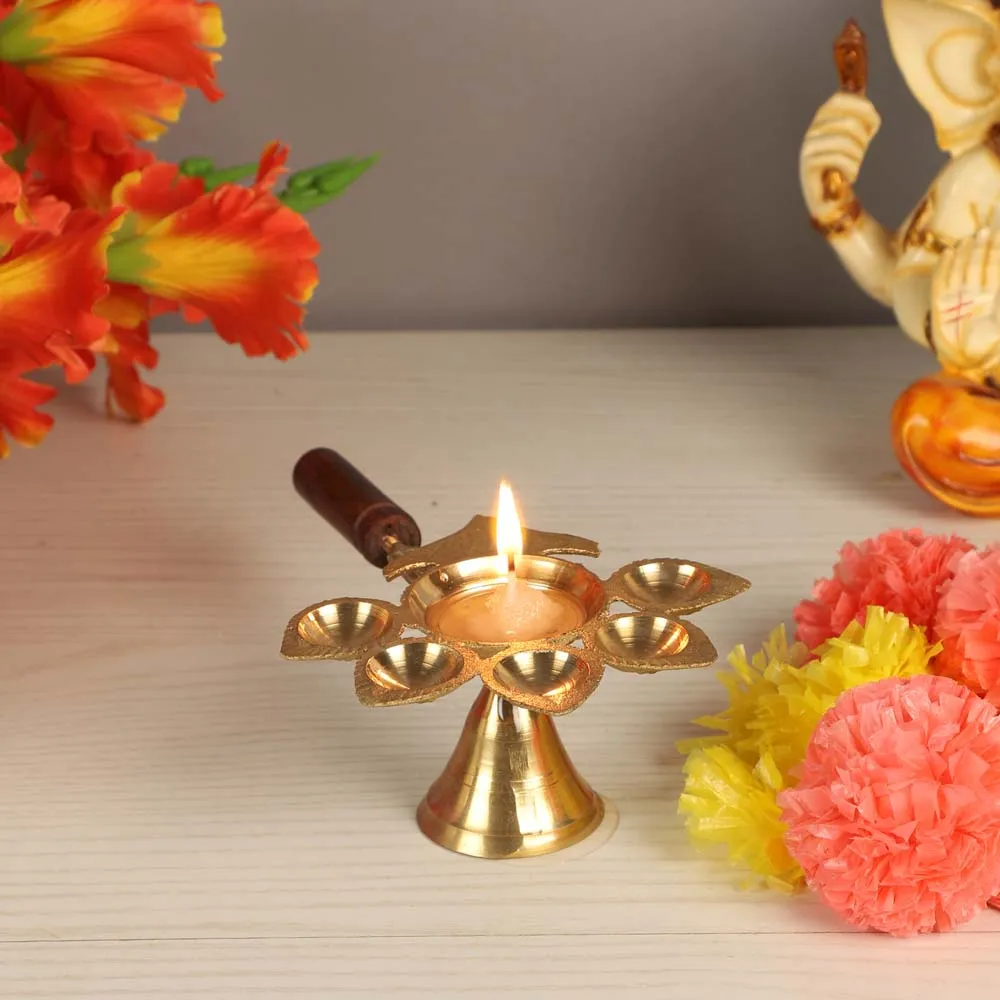 Shiny Golden Brass Panch Aarti Diya with Wooden Handle
