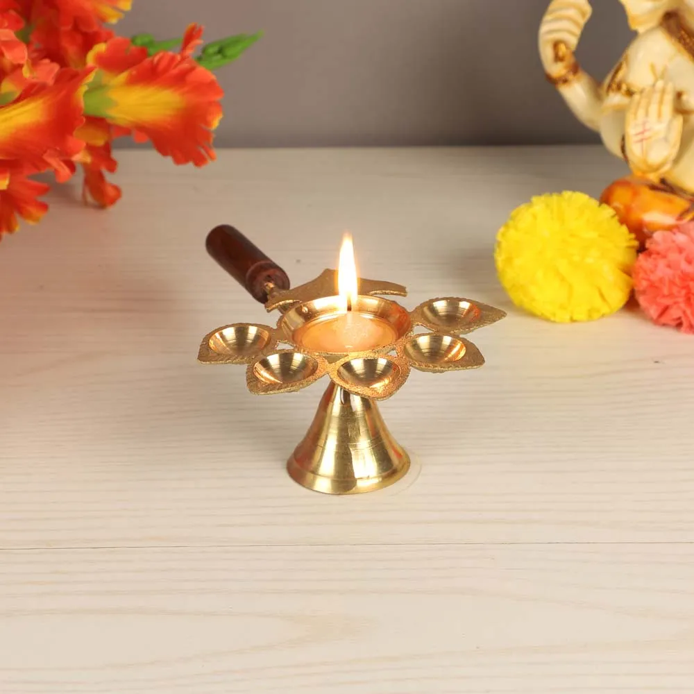 Shiny Golden Brass Panch Aarti Diya with Wooden Handle