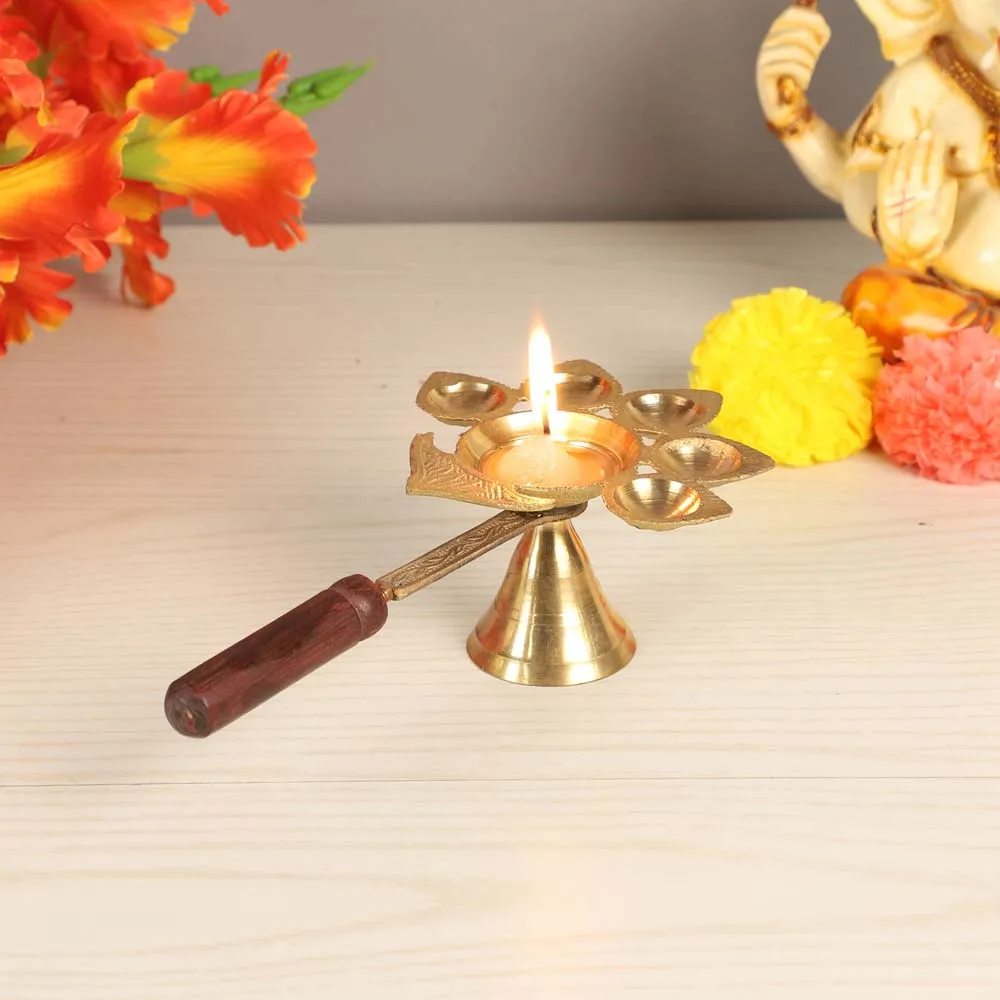 Shiny Golden Brass Panch Aarti Diya with Wooden Handle