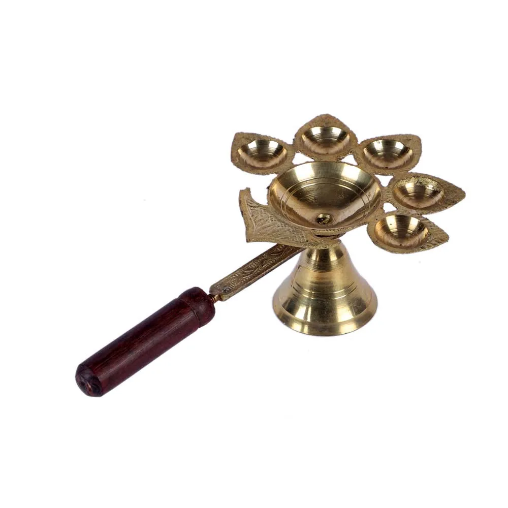 Shiny Golden Brass Panch Aarti Diya with Wooden Handle
