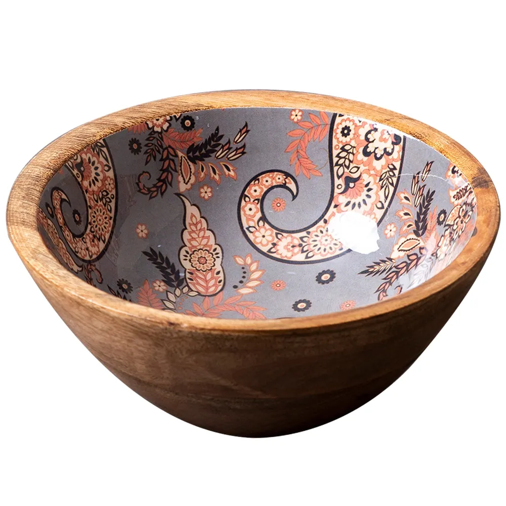 Shiny Grey Enamel Print Wood Serving Bowl Set Of 2