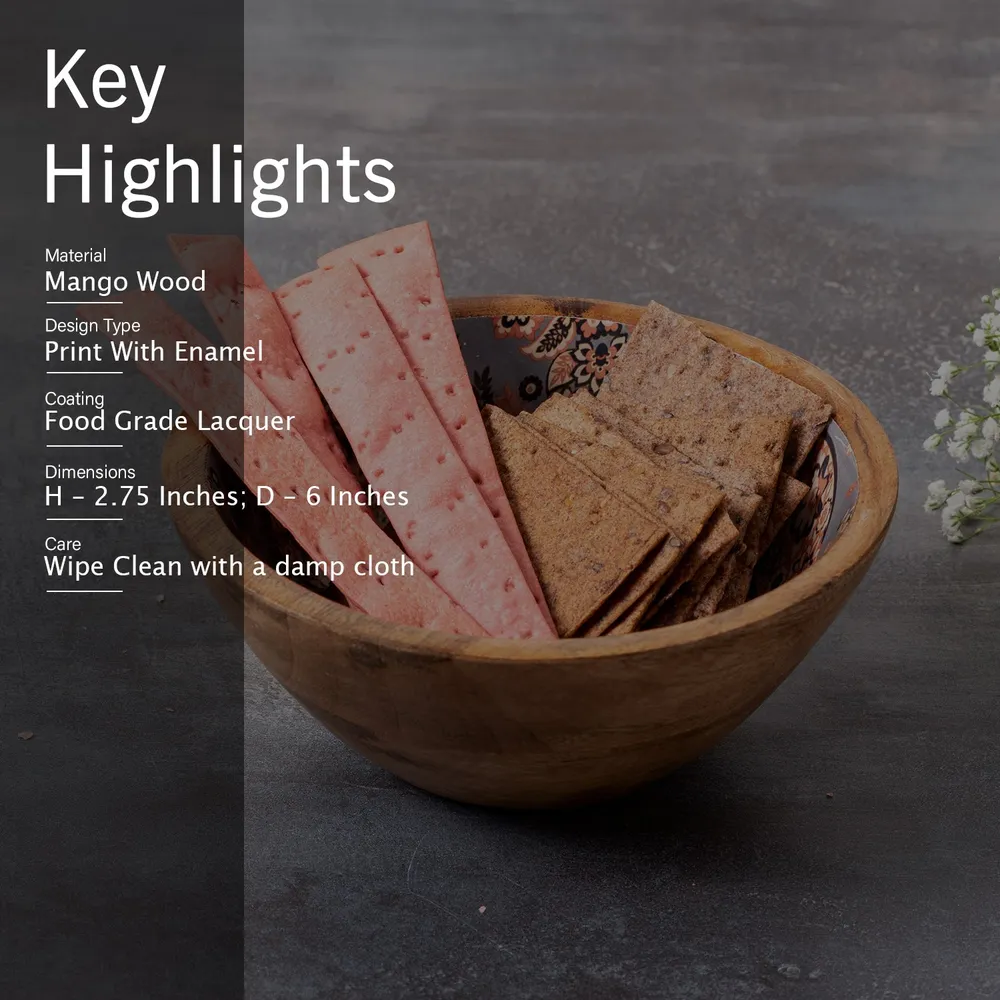 Shiny Grey Enamel Print Wood Serving Bowl Set Of 2