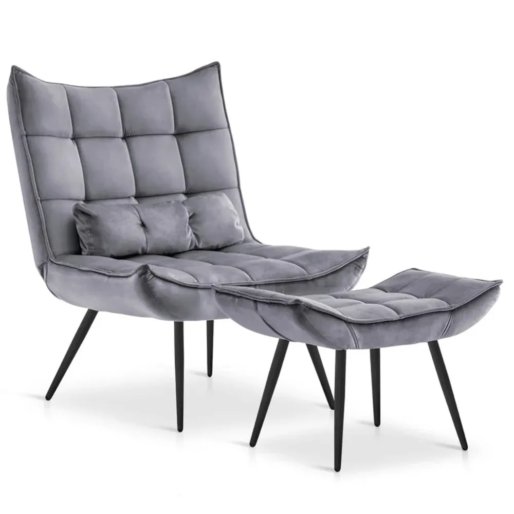 Shiny Grey Leatherette Armchair With Footrest & Cushion Single Piece