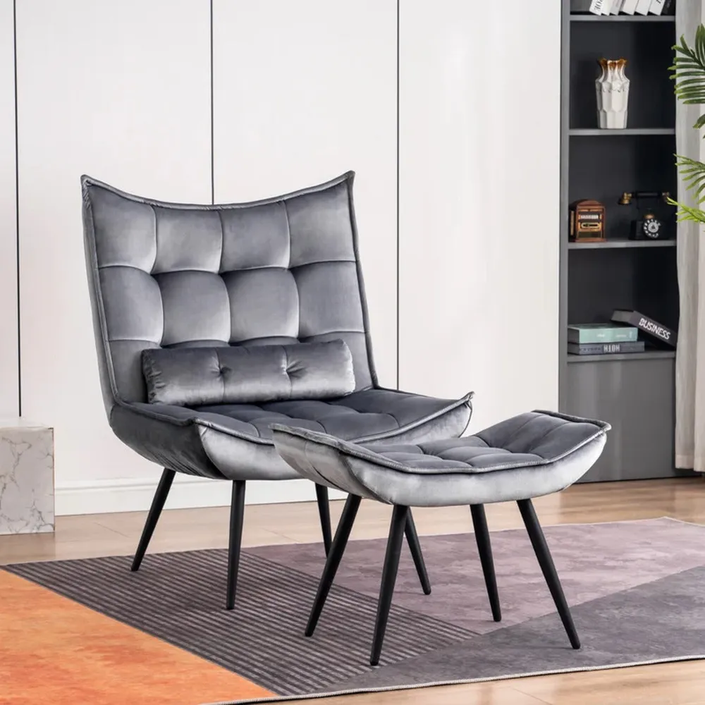 Shiny Grey Leatherette Armchair With Footrest & Cushion Single Piece