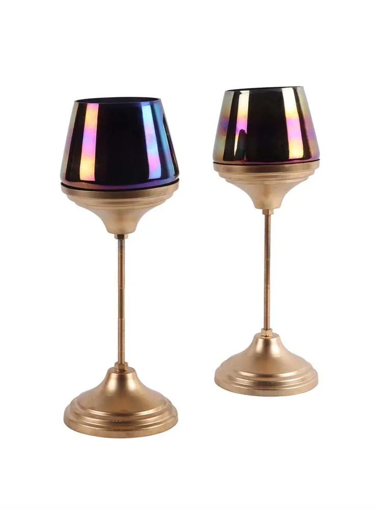 Shiny Rainbow Wine Glass Motif Metal Tea Light Candle Holders Set Of 3