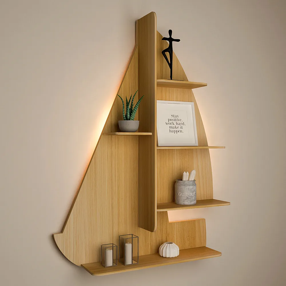 Ship Backlit Wood Wall Shelf / Book Shelf / Night Light, Oak Finish Regular ( 32 inches x 24 inches )