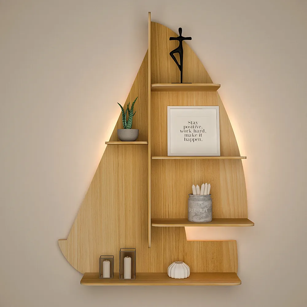 Ship Backlit Wood Wall Shelf / Book Shelf / Night Light, Oak Finish Regular ( 32 inches x 24 inches )