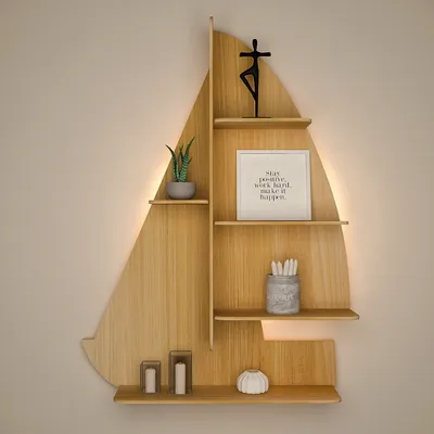 Ship Backlit Wood Wall Shelf / Book Shelf / Night Light, Oak Finish