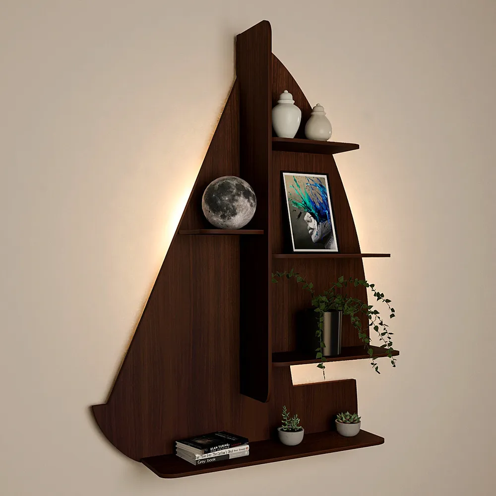 Ship Backlit Wood Wall Shelf / Book Shelf / Night Light, Walnut Finish Regular ( 32 inches x 24 inches )