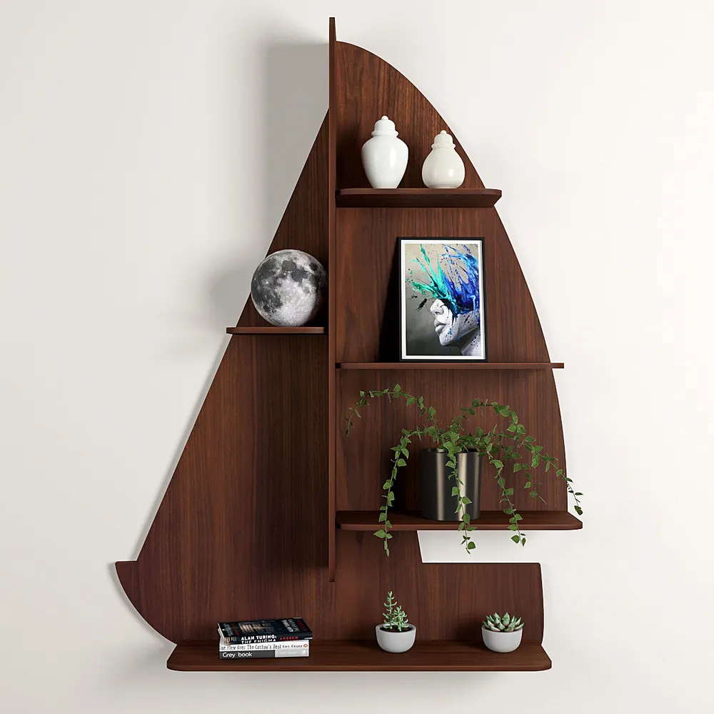 Ship Backlit Wood Wall Shelf / Book Shelf / Night Light, Walnut Finish Regular ( 32 inches x 24 inches )