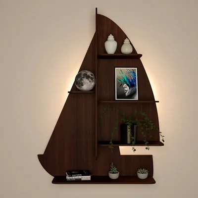 Ship Backlit Wood Wall Shelf / Book Shelf / Night Light, Walnut Finish