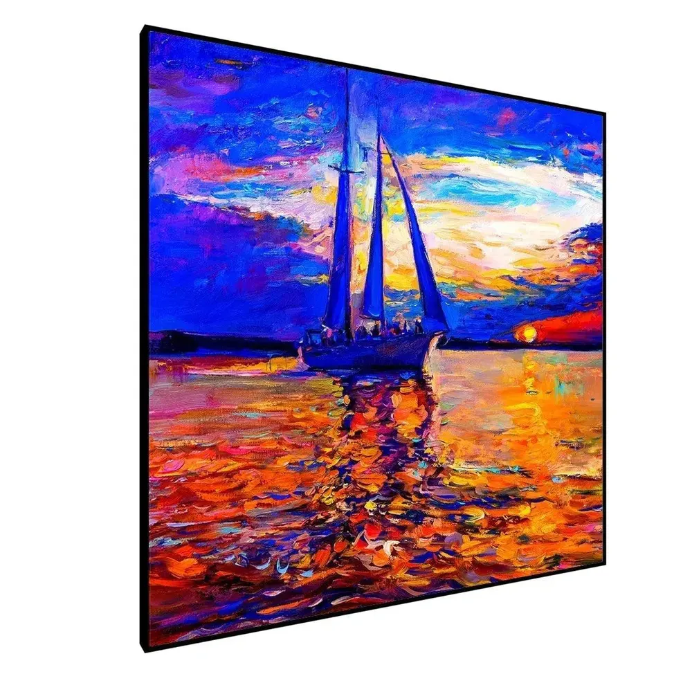 Ship During Sunset Canvas Painting With Black Floating Frame Size: 57 cm (H) X 57 cm (W)