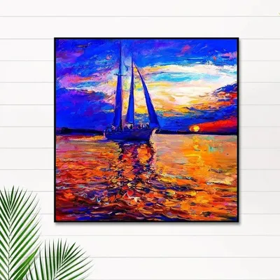 Ship During Sunset Canvas Painting With Black Floating Frame Size: 57 cm (H) X 57 cm (W)