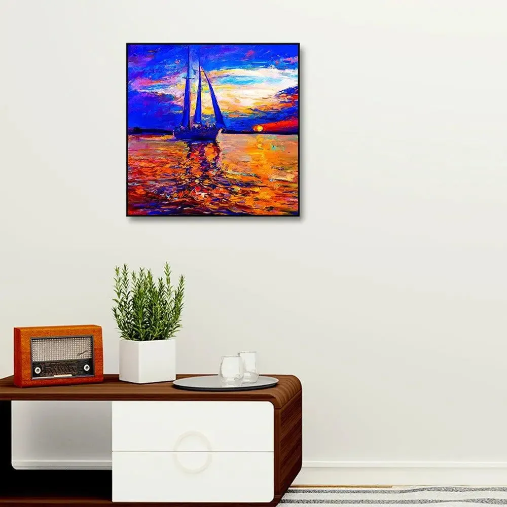 Ship During Sunset Canvas Painting With Black Floating Frame Size: 57 cm (H) X 57 cm (W)