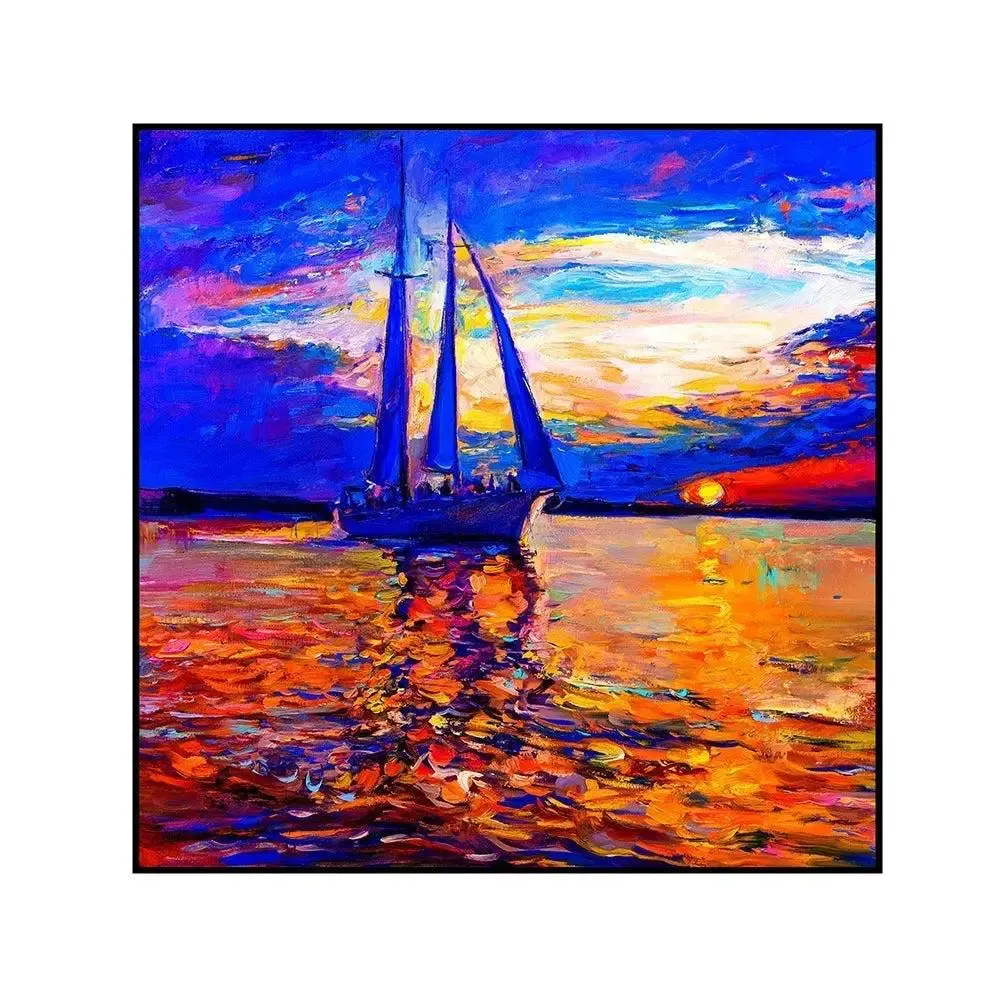 Ship During Sunset Canvas Painting With Black Floating Frame Size: 57 cm (H) X 57 cm (W)