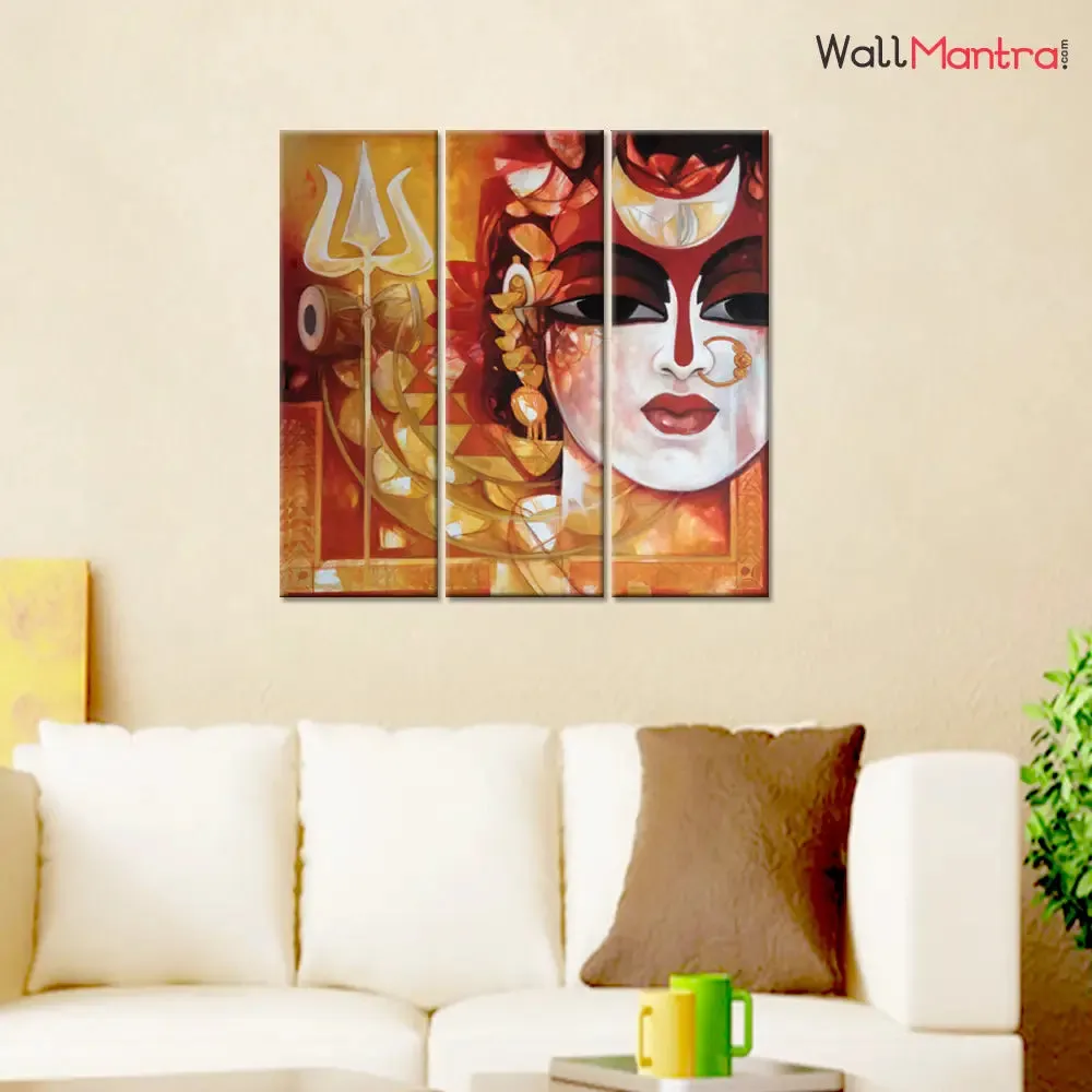 Shiva Indian Devotional Spiritual Wall Painting Painting On Canvas Set Of 3 Wooden Frames