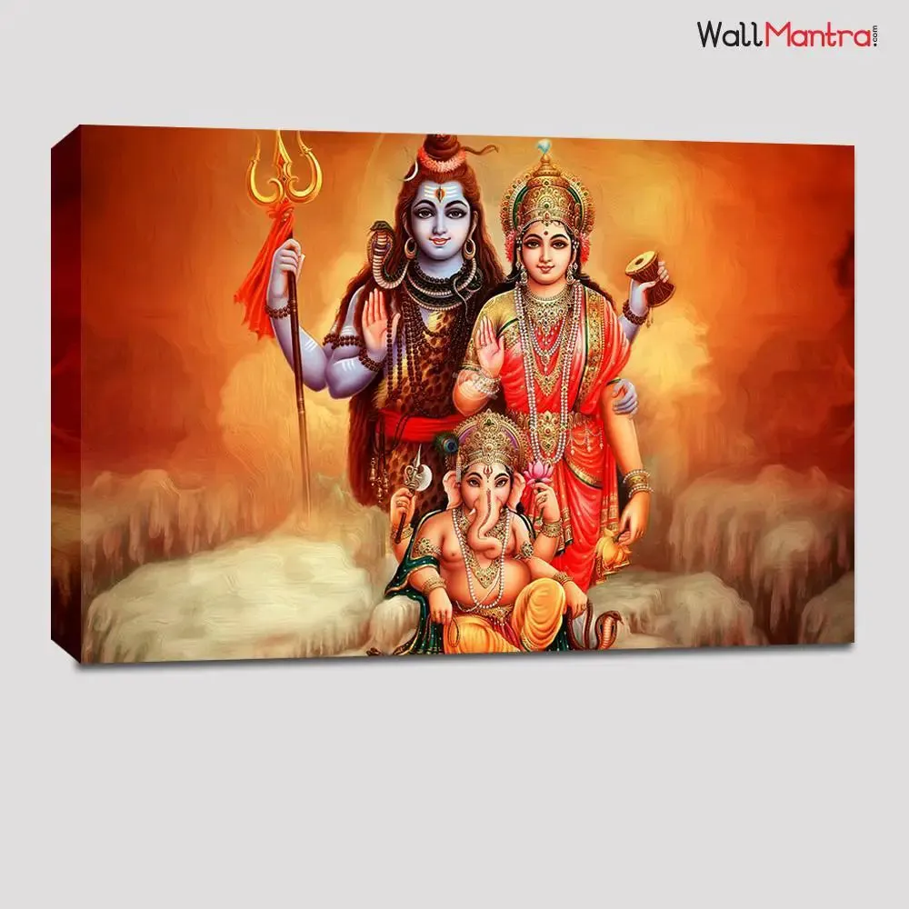 Shiva Parvati &amp; Ganesha landscape Painting / Canvas Printed Painting Stretched on Wood 61 x 41cm