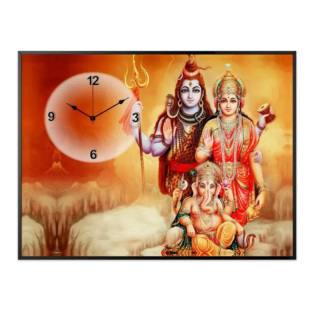 Shiva Parvati & Ganesha Canvas Printed Decorative Wall Clock With Floating Frame
