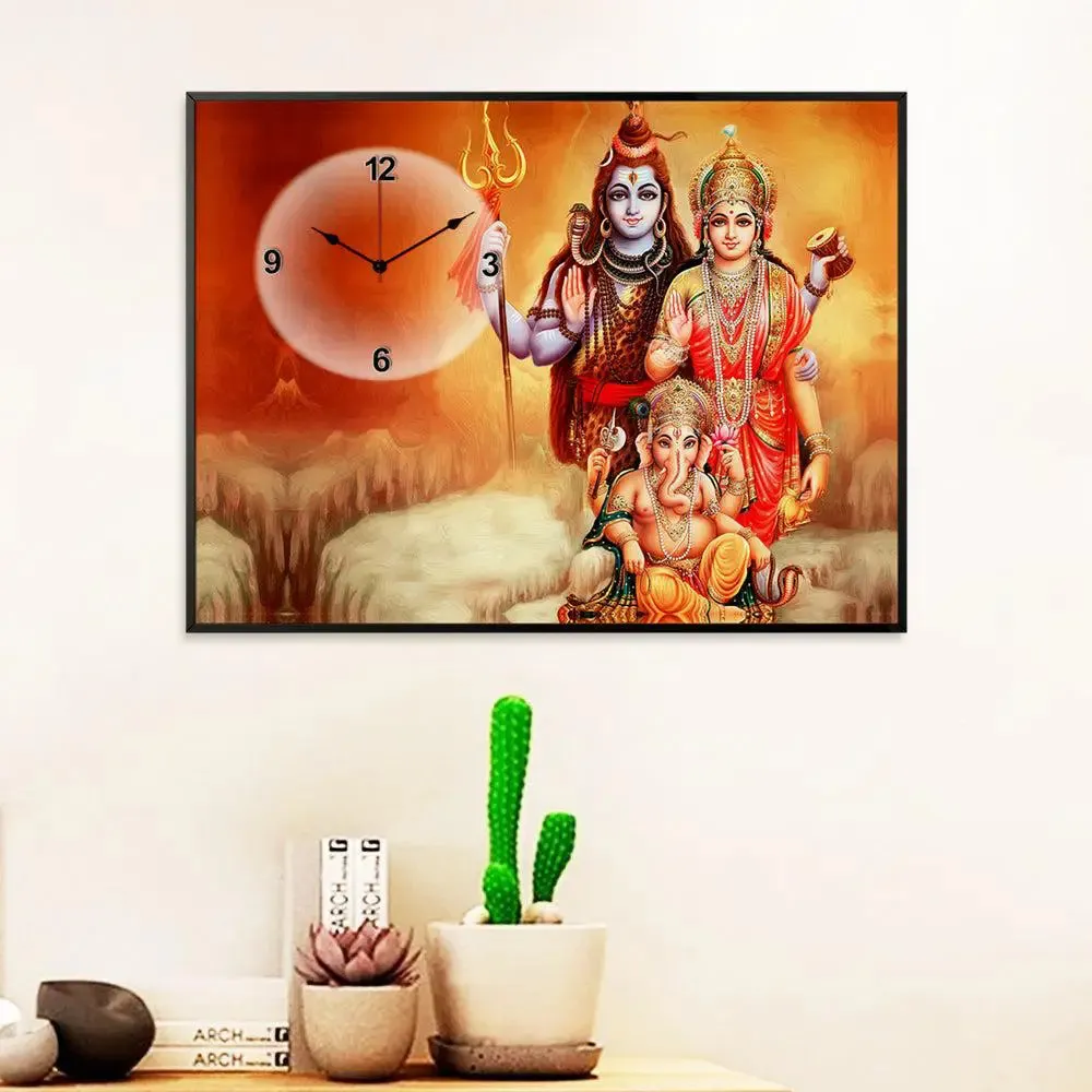 Shiva Parvati & Ganesha Canvas Printed Decorative Wall Clock With Floating Frame