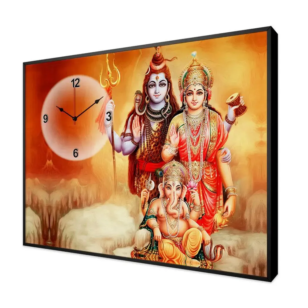 Shiva Parvati & Ganesha Canvas Printed Decorative Wall Clock With Floating Frame