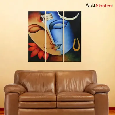 Shiva Parvati Indian Spiritual Wall Painting Painting On Canvas Set Of 3 Wooden Frames