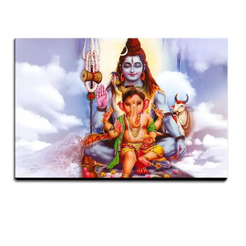 Shiva with Ganesha landscape Painting / Canvas Printed Painting Stretched on Wood Bars 61 x 41cm