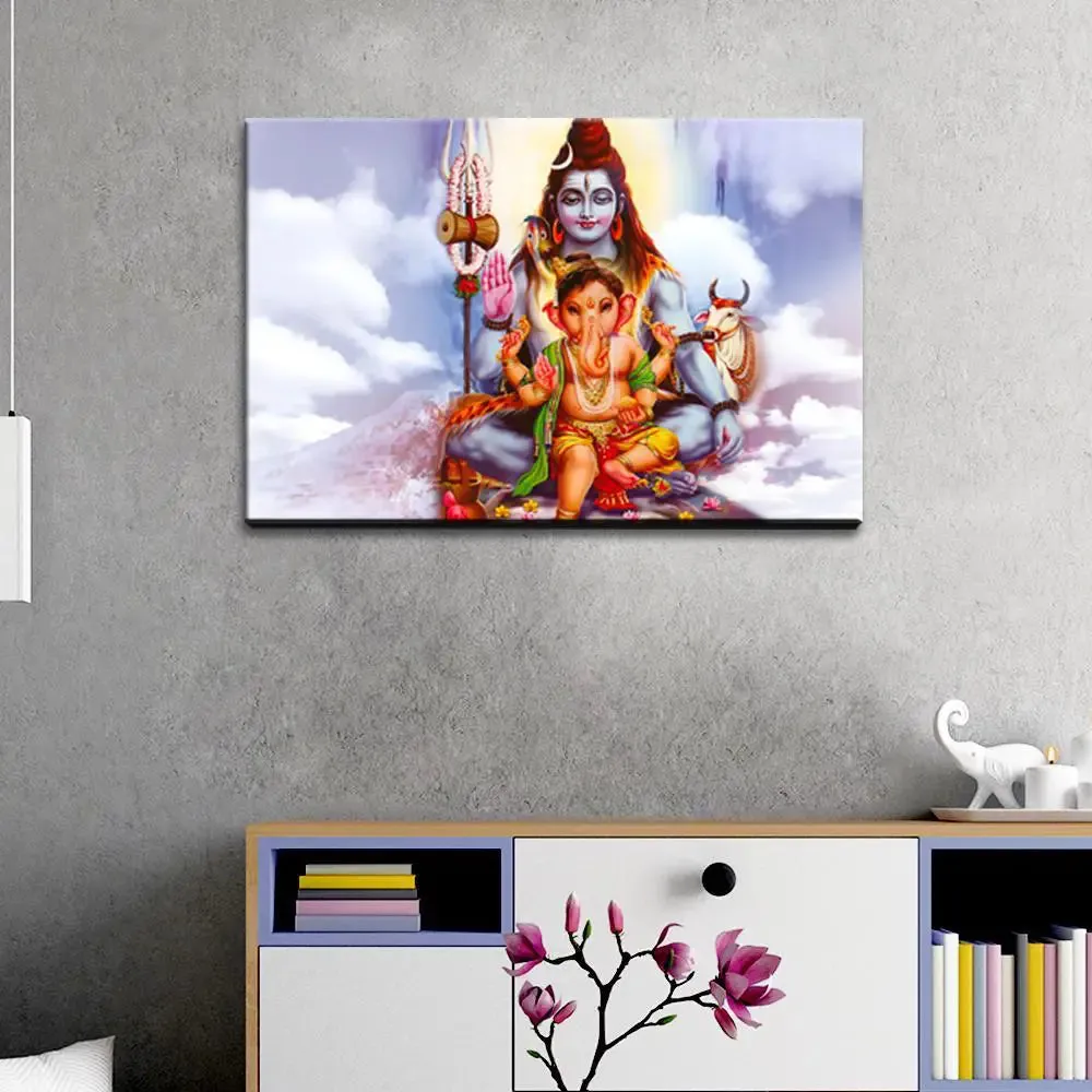 Shiva with Ganesha landscape Painting / Canvas Printed Painting Stretched on Wood Bars 61 x 41cm