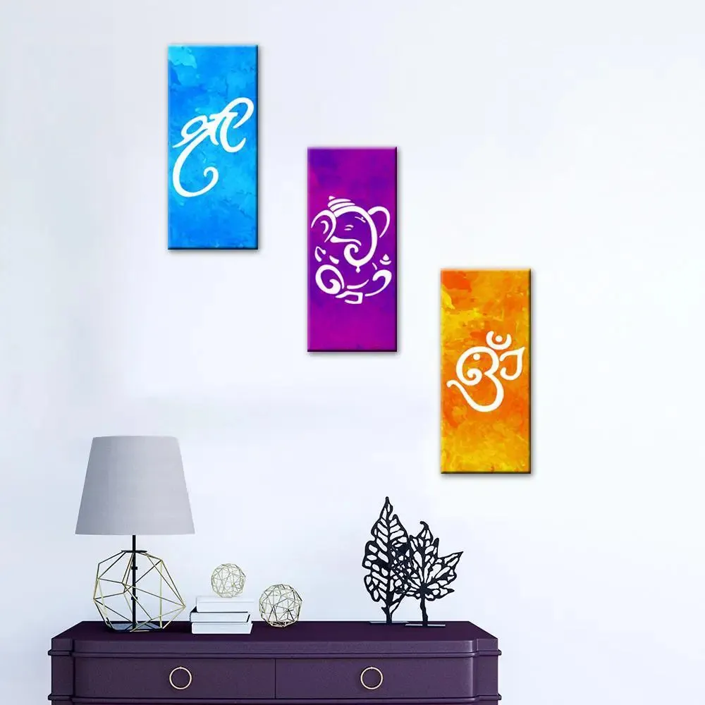 Shree Aum Ganesha Canvas Painting 3 Pieces In Wooden Frame