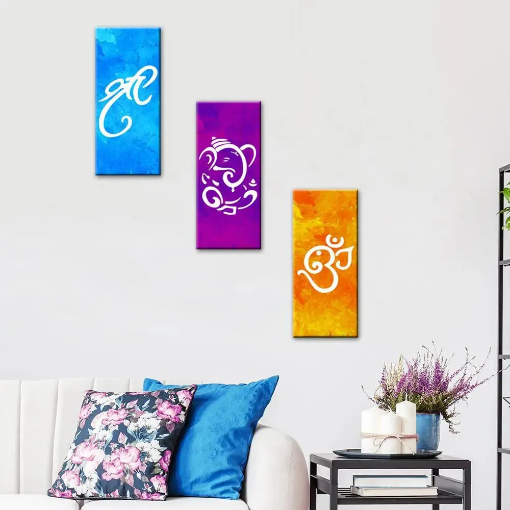 Shree Aum Ganesha Canvas Painting 3 Pieces In Wooden Frame