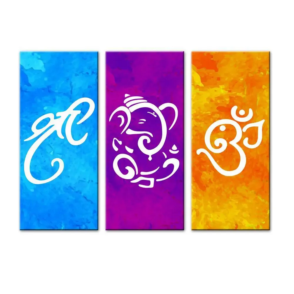 Shree Aum Ganesha Canvas Painting 3 Pieces In Wooden Frame