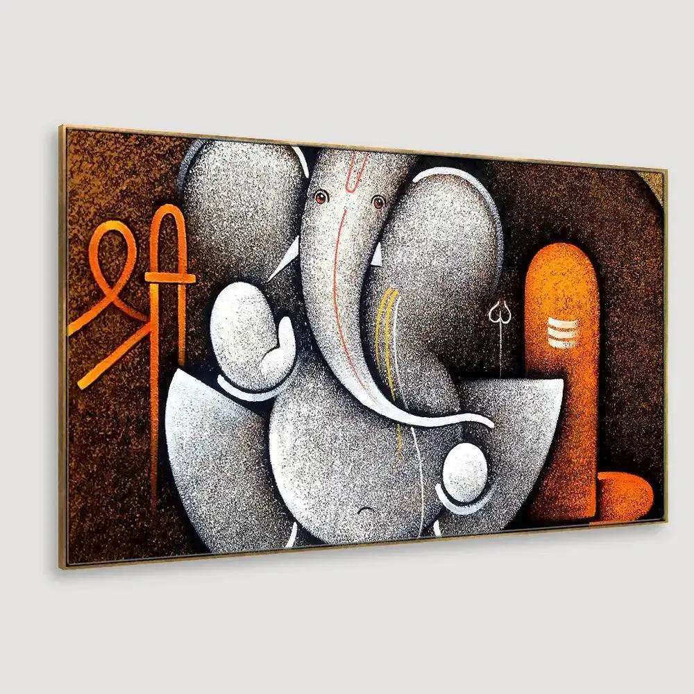Shri Ganesha with Shivling Canvas  Big Panoramic Wall Painting With Frame