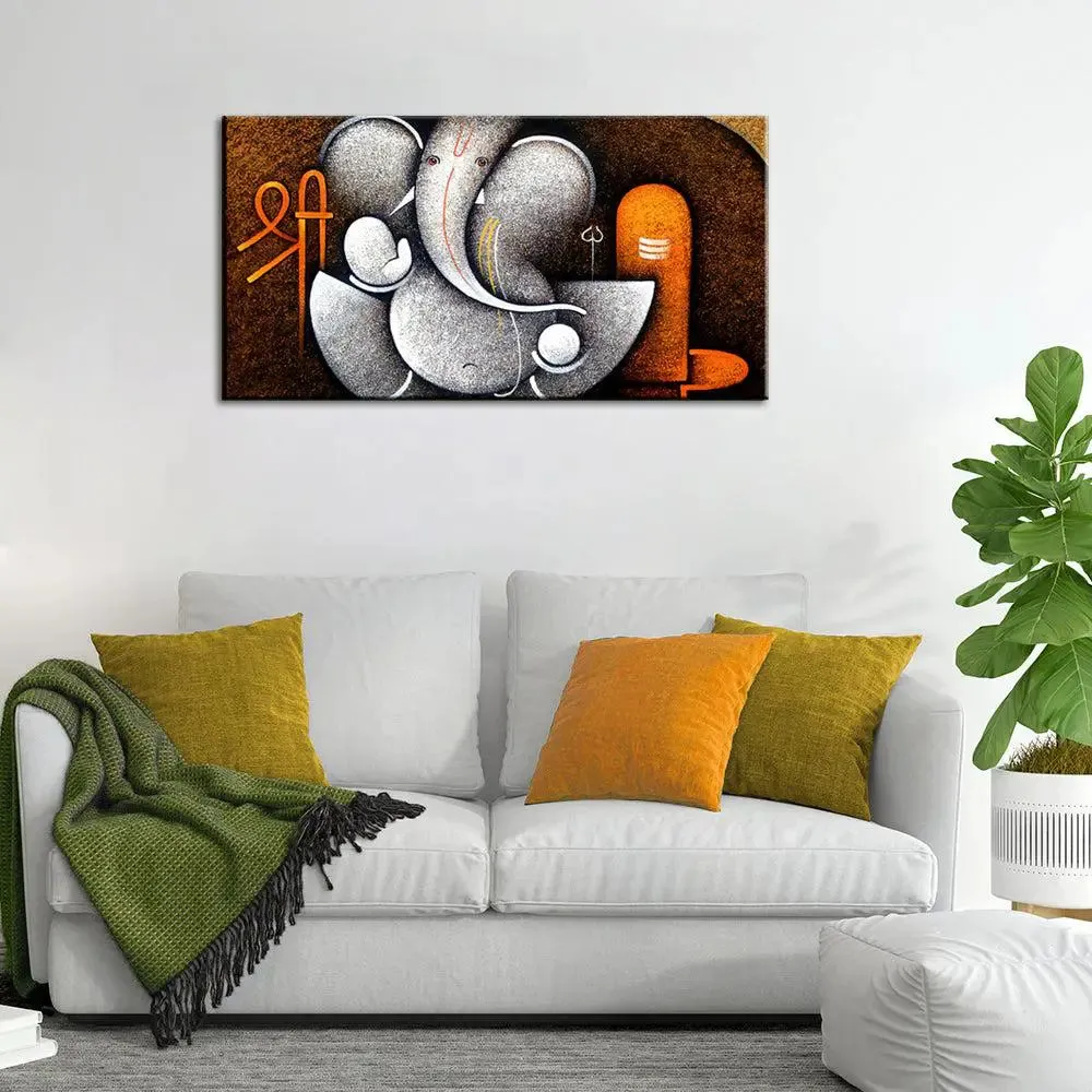 Shri Ganesha with Shivling Canvas  Big Panoramic Wall Painting With Frame