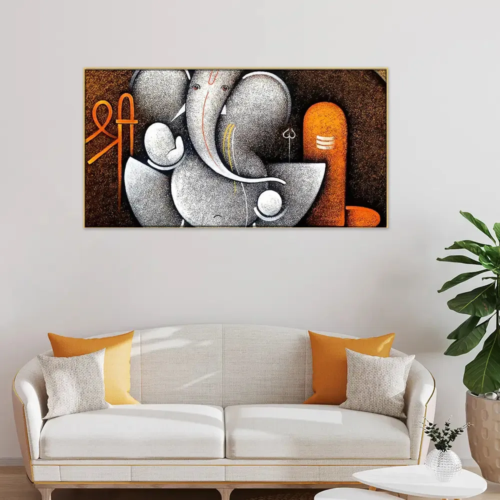 Shri Ganesha with Shivling Canvas  Big Panoramic Wall Painting With Frame